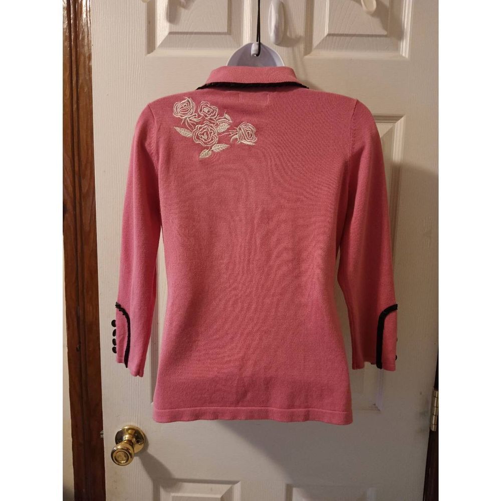Embroidered Rose Button-Up Cardigan - Coral with Black Trim - Picture 12 of 14